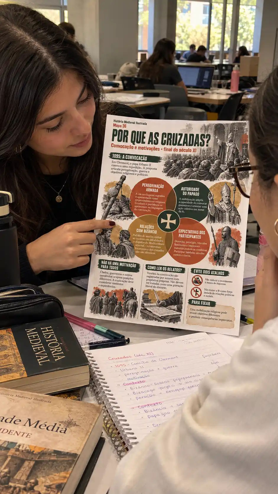 Estudantes revisando o mapa sobre as Cruzadas na biblioteca