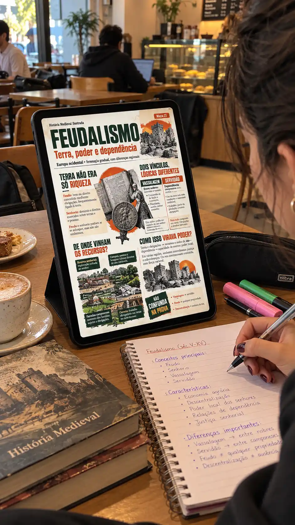 Revisão do mapa sobre feudalismo em um café