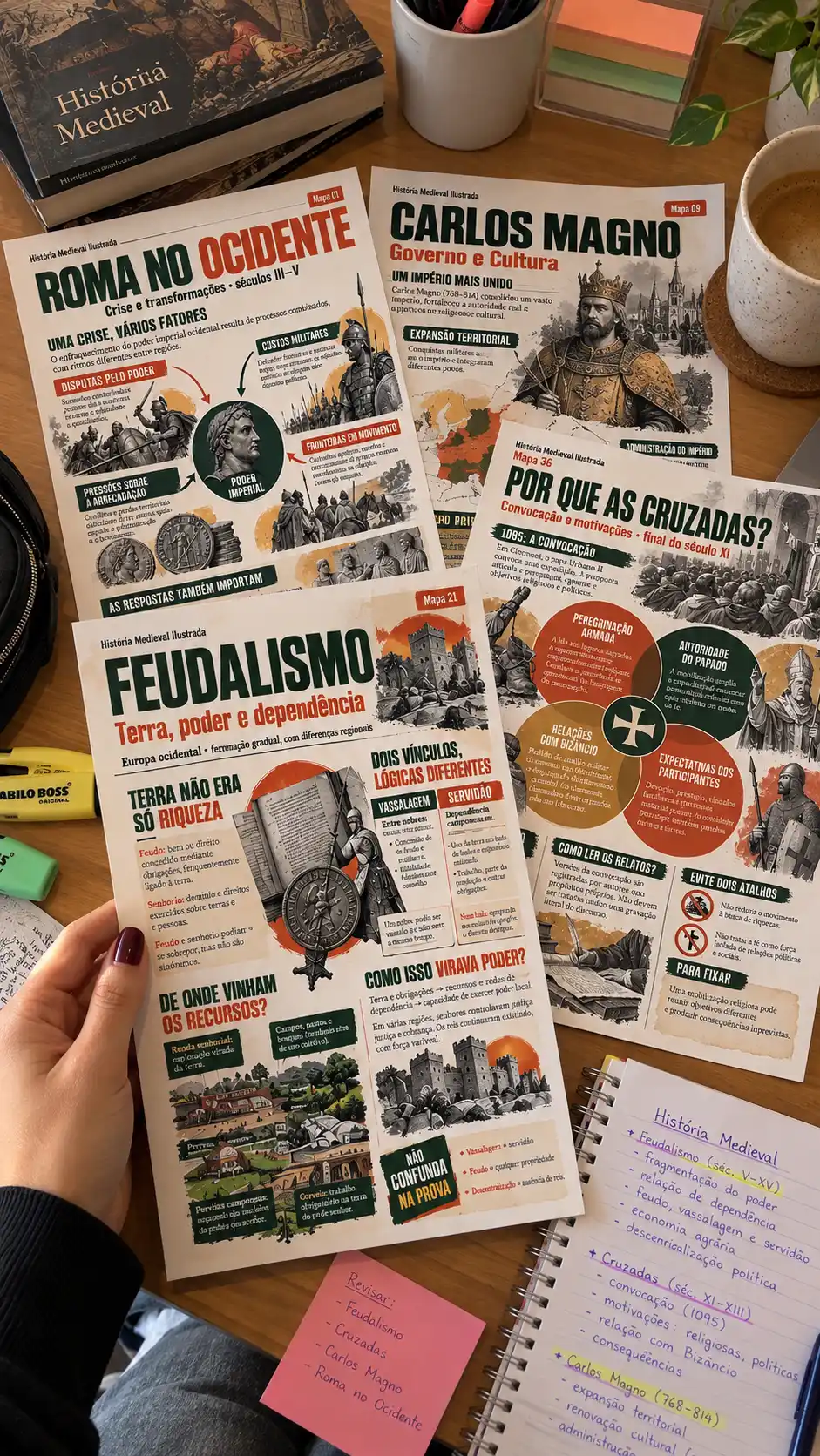 Mapas de História Medieval organizados sobre a mesa de estudo