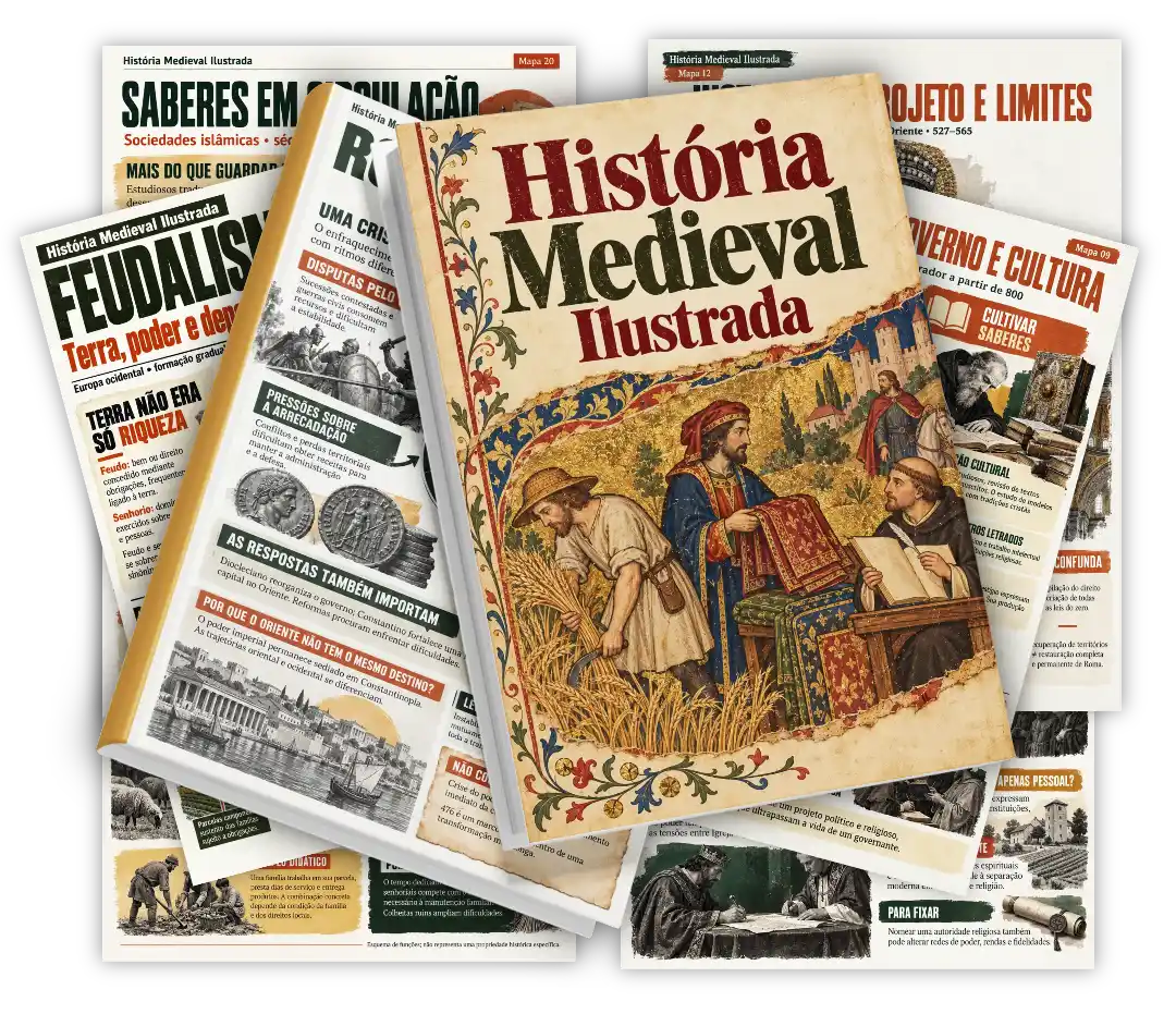 História Medieval Ilustrada: capa e prévias dos mapas visuais
